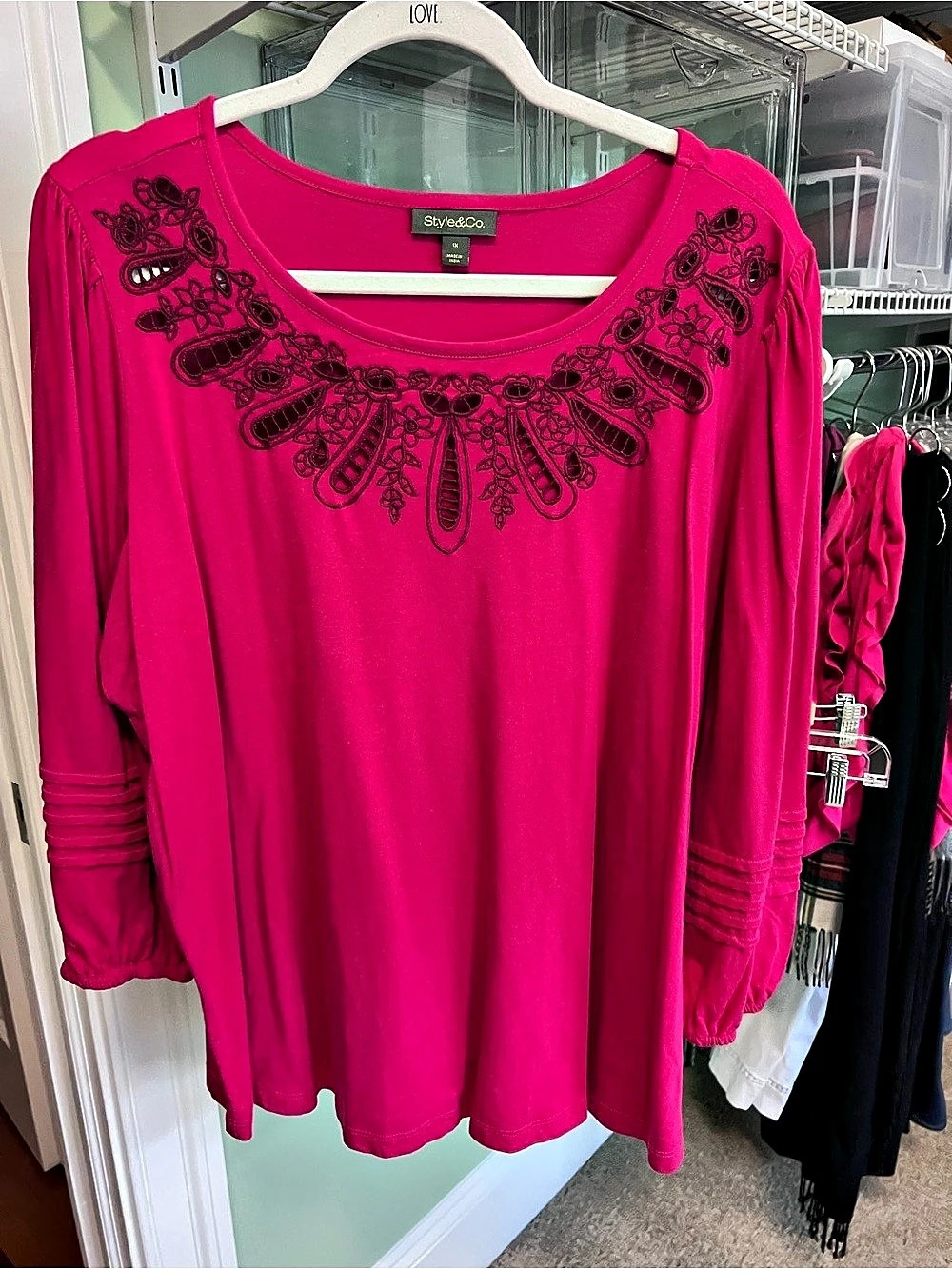 Style&Co. Embroidered 3/4 Sleeve Tunic in Pink Size 1X